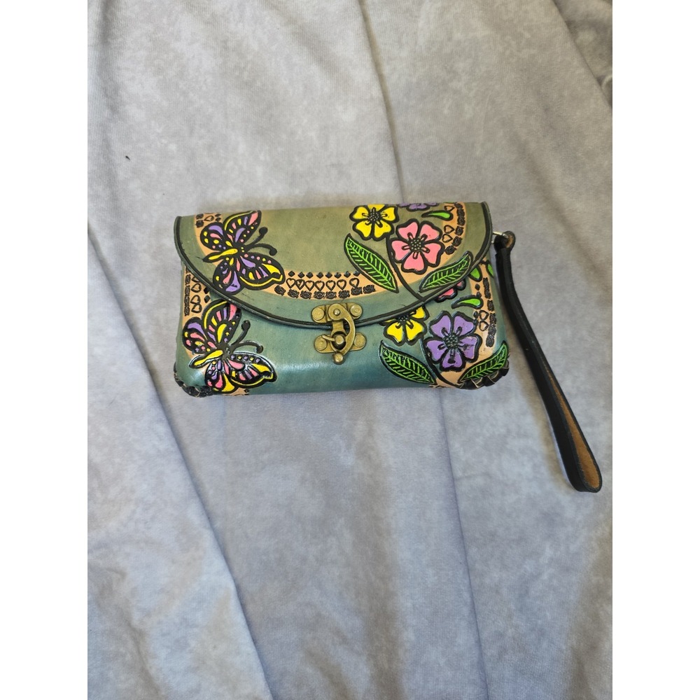 Mexican Hand Tooled Leather Butterfly Clutch Wristlet Hand Painted Floral Boho